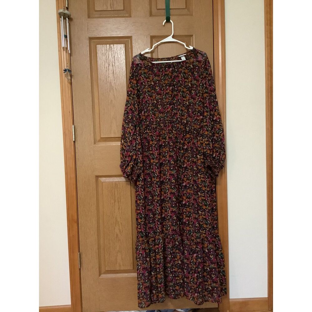 Ava & Viv 3X Floral Midi Sheer Dress Long Sleeve Fall Boho Plus Size